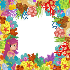 cartoon scene with coral reef mermaid princess and happy fishes swimming near isolated illustration for kids