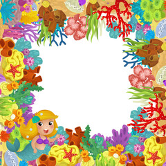 cartoon scene with coral reef mermaid princess and happy fishes swimming near isolated illustration for kids