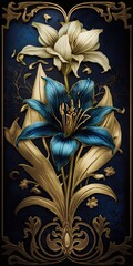 Lily Serenity: Vintage Gold and Sapphire Glamour - A Captivating Floral Fusion of Elegance and Opulence - Beautiful Lily Background - Vintage Gold Lily Wallpaper created with Generative AI Technology