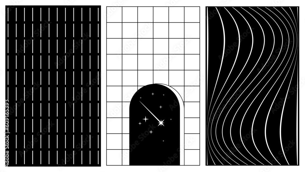 Aufkleber Set of abstract aesthetic y2k geometric elements and 3D wireframe shapes. Black and white retro line design elements. Vector illustration for social networks or posters. EPS 10