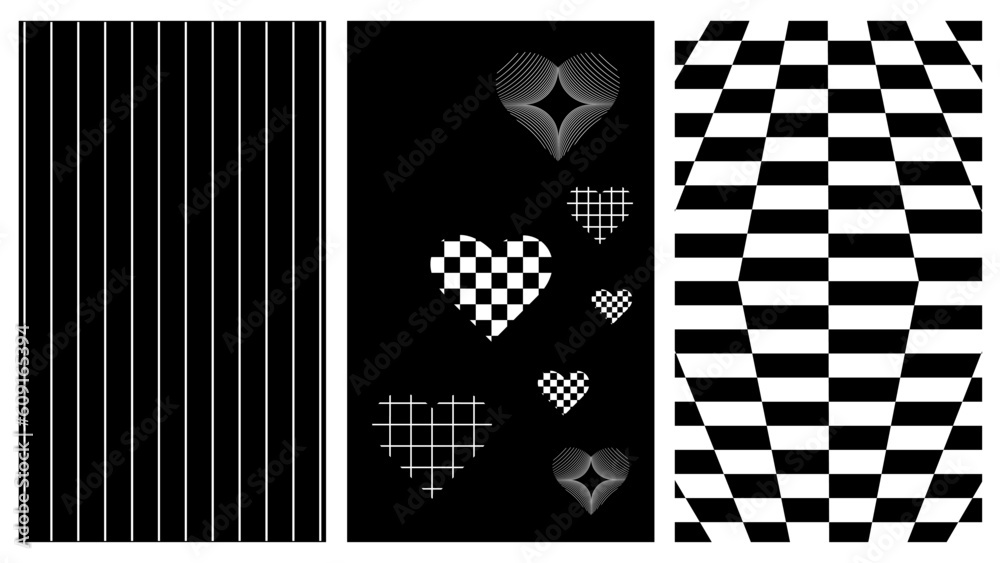Poster Set of abstract aesthetic y2k geometric elements and 3D wireframe shapes. Black and white retro line design elements. Vector illustration for social network or poster on transparent background.