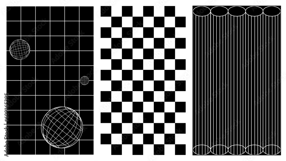 Poster Аbstract y2k geometric isolated backgrounds whit 3D wireframe shapes. Black and white retro line мector illustration on transparent background.
