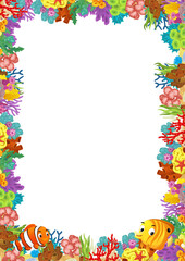cartoon scene with coral reef and happy fishes swimming near isolated illustration for kids