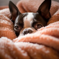 Adorable Boston Terrier Snuggling with a Soft Blanket