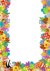cartoon scene with coral reef and happy fishes swimming near isolated illustration for kids