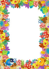 cartoon scene with coral reef and happy fishes swimming near isolated illustration for kids