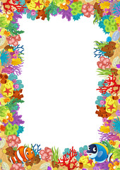 cartoon scene with coral reef and happy fishes swimming near isolated illustration for kids