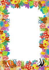 cartoon scene with coral reef and happy fishes swimming near isolated illustration for kids