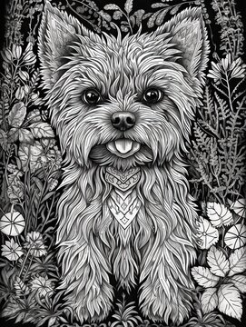  AI generated.Antistress coloring book for adults. Yorkshire terrier in the flower field Generative AI