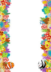 cartoon scene with coral reef and happy fishes swimming near isolated illustration for kids