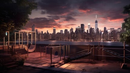 Fototapeta premium Sunset over the city. AI generated art illustration.