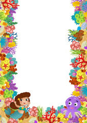 Fototapeta premium cartoon scene with coral reef mermaid princess and happy fishes swimming near isolated illustration for kids