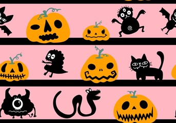 Halloween pumpkins seamless ghost and bones and cat pattern for wrapping paper and linens and fabrics