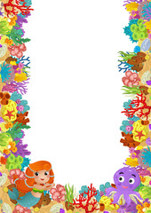 cartoon scene with coral reef mermaid princess and happy fishes swimming near isolated illustration for kids