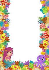cartoon scene with coral reef mermaid princess and happy fishes swimming near isolated illustration for kids