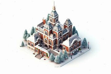 3D pixel illustration stylish old European city hall in snow in winter on white background, Side view, created with Generative AI Technology