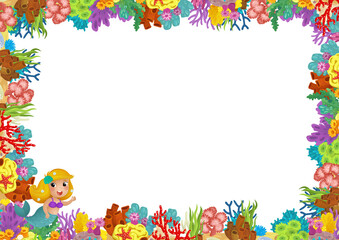 cartoon scene with coral reef mermaid princess and happy fishes swimming near isolated illustration for kids