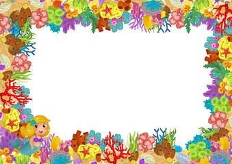 cartoon scene with coral reef mermaid princess and happy fishes swimming near isolated illustration for kids