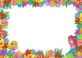 cartoon scene with coral reef mermaid princess and happy fishes swimming near isolated illustration for kids