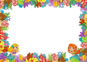 cartoon scene with coral reef mermaid princess and happy fishes swimming near isolated illustration for kids
