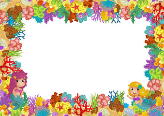 cartoon scene with coral reef mermaid princess and happy fishes swimming near isolated illustration for kids