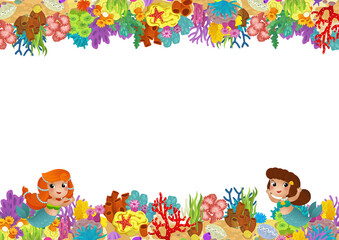 cartoon scene with coral reef mermaid princess and happy fishes swimming near isolated illustration for kids © honeyflavour