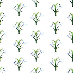 Bouquet of snowdrops. Blossoming bud with leaves. Watercolor seamless pattern. Can be used for textile design, paper products