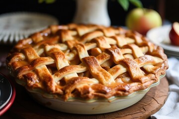 Divine Apple Pie with golden lattice top with blurred background. AI Generated