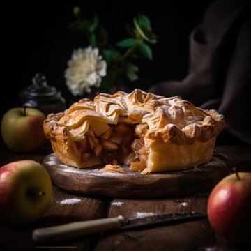 Fresh baked golden apple pie on wooden serving dish with apples in foreground. AI Generated