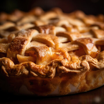 Fresh golden whole baked apple pie closeup. AI Generated