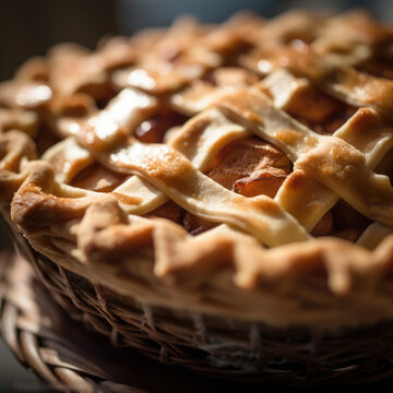 Fresh golden whole baked apple pie closeup. AI Generated
