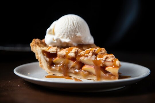 Mouth Watering Apple Pie with vanilla ice cream and caramel sauce served on white plate with dark background. AI Generated