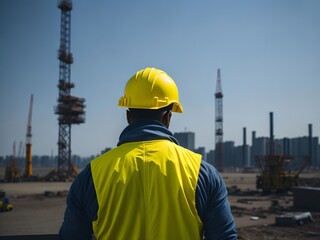 Engineer in a yellow vest and hardhat overlooking the construction site. Generative AI
