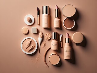 Flat lay composition of beauty cosmetic skincare products, make up products on beige background. Generative AI
 - obrazy, fototapety, plakaty