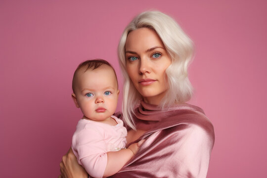 Portrait of a mother holding baby isolated on pink background. High quality photo Generative AI