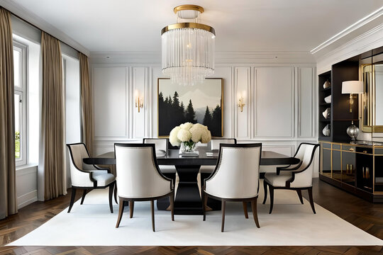 A glamorous and elegant dining room with a long, polished dining table, luxurious upholstered chairs, and a sparkling chandelier overhead, exuding a sense of opulence and sophistication