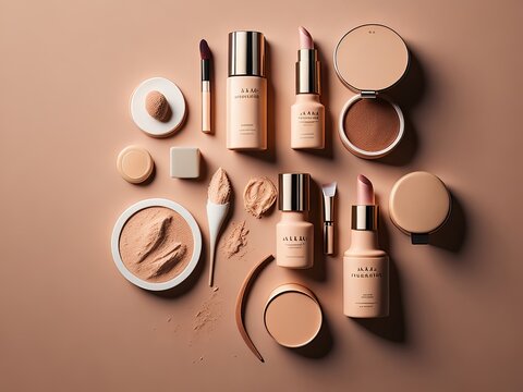 Flat lay composition of beauty cosmetic skincare products, make up products on beige background. Generative AI
