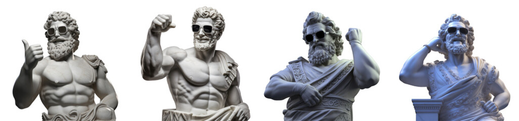 Collection of modern greek sculpture with big smile and sunglasses on transparent background. Generative AI - obrazy, fototapety, plakaty