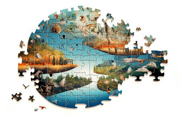 A crumbling jigsaw puzzle depicting the ecosystem of planet Earth. The concept of global warming and climate change. Generative AI