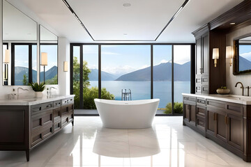 Fototapeta na wymiar A sophisticated and luxurious bathroom with a freestanding bathtub, marble countertops, and elegant fixtures, exuding a spa-like ambiance of relaxation and indulgence, Contemporary luxury interior des