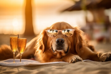 Cool happy funny dog golden retriever with sunglasses relaxing on the sandy beach. High quality photo Generative AI