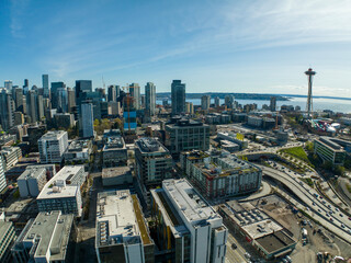 Fototapeta na wymiar Downtown Seattle Center View Overhead Aerial Shot Sunny Spring Day Water City Buildings Landmarks