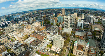 Panoramic Sweeping Aerial View Above Seattle Washington Capitol Hill