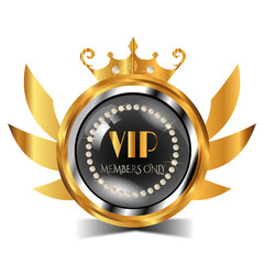 VIP gold label with wings, crown, and diamonds. Members only