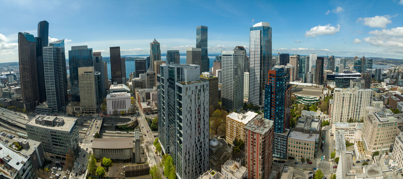 Aerial View of Downtown Seattle Skyline and Skyscrapers on Sunny Day