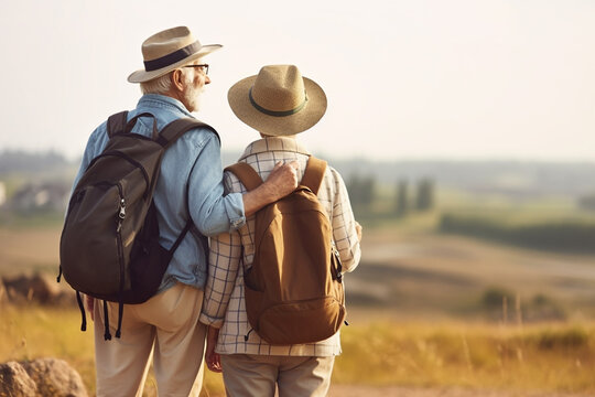 Senior Couple Travelling In The Nature, Copyspace. Generative AI