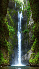 Obraz premium Tall cascade flowing through a tropical rainforest. Immerse yourself in the freshness and exotic beauty of the wild. Generative AI.