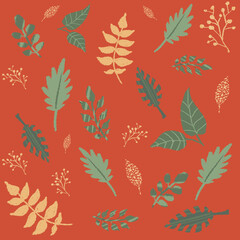 seamless fall autumn summer hand drawn cute ochre green floral pattern terracotta red background with leaves branches