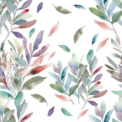Summer leaves. Leaves watercolor twigs seamless pattern. Vector background