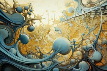 Abstract surreal yellow and blue curves fractal background or backdrop. AI generated, human enhanced.